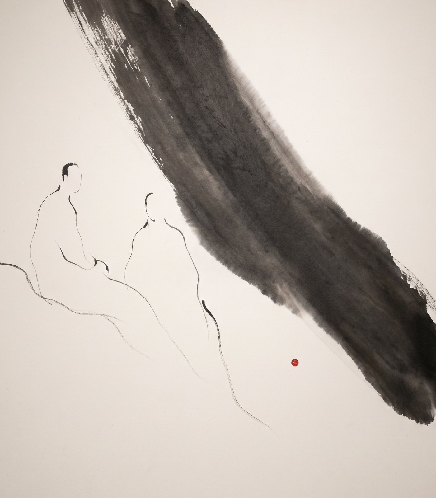Ink drawing: two seated figures beside one large brush stroke