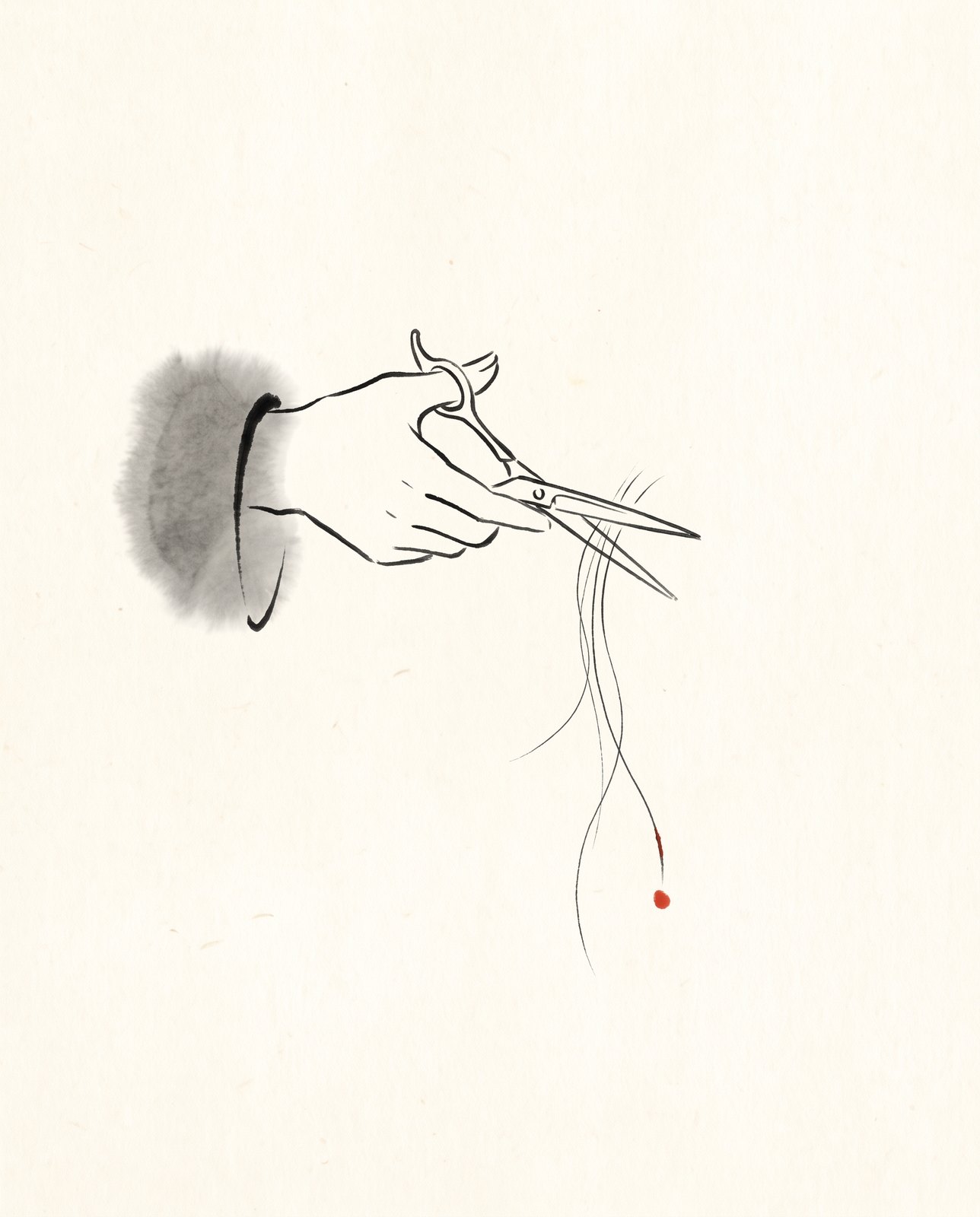 Ink drawing: a hand with scissors, a strand falling