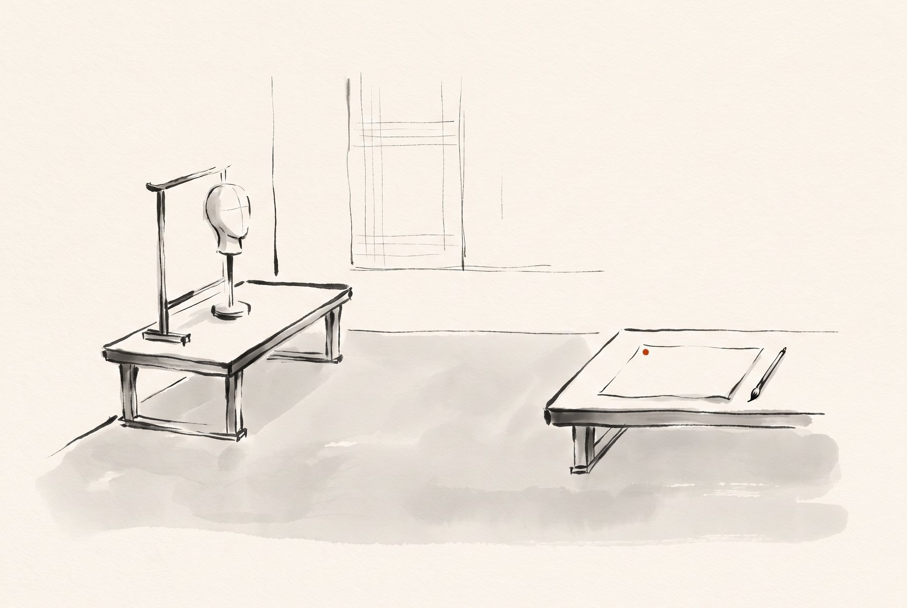 Ink drawing of a practice room